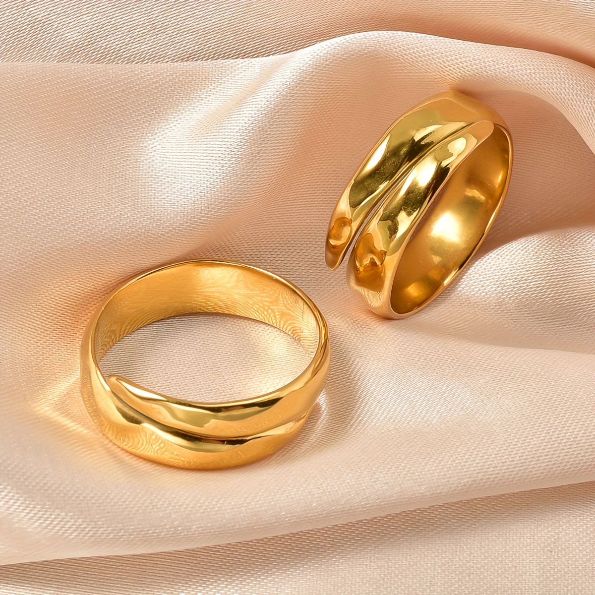 Adjustable Wide Band Geometric Ring Stainless Steel Golden Finish